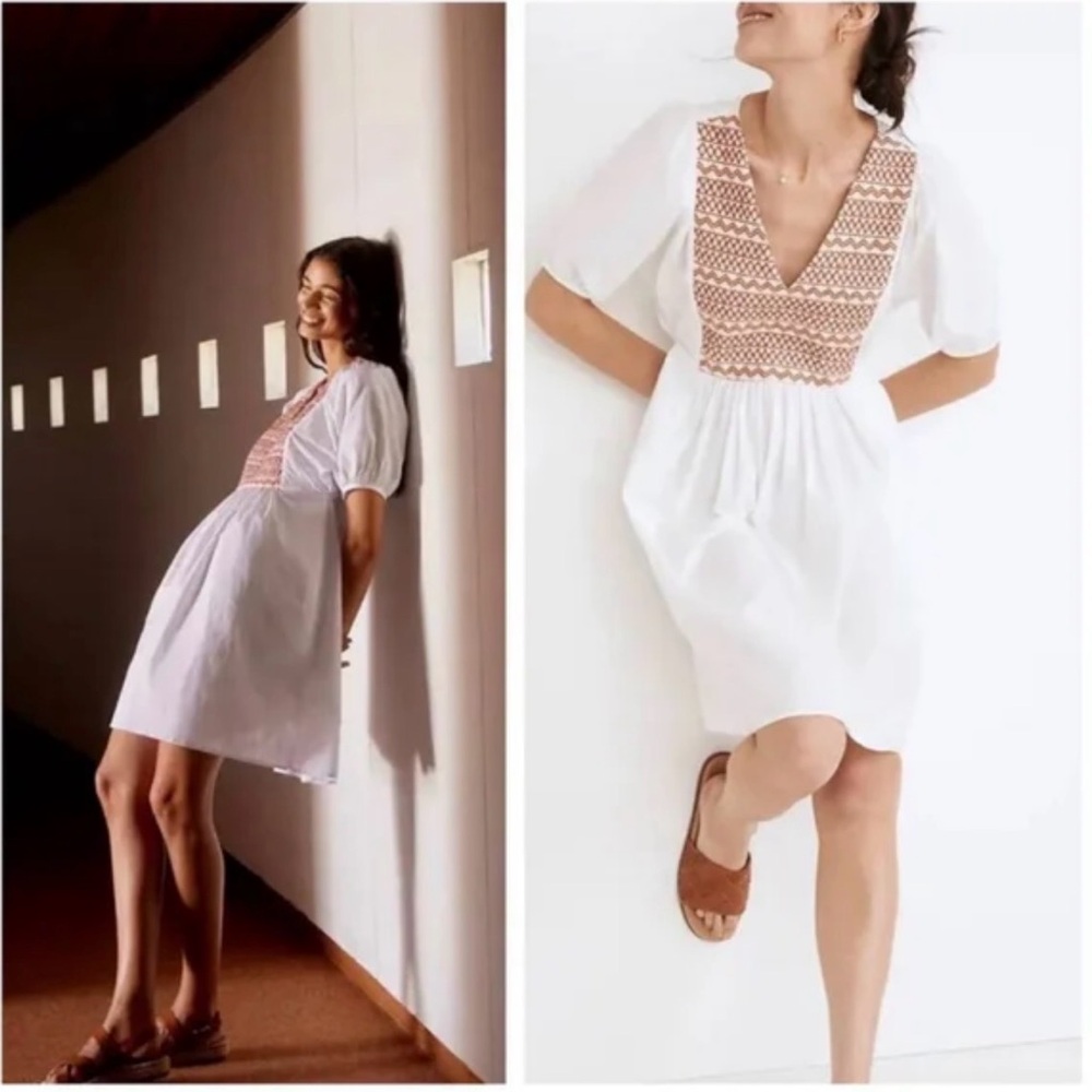 Madewell Embroidered Poplin V-Neck Dress  Pockets Boho Size‎ Medium